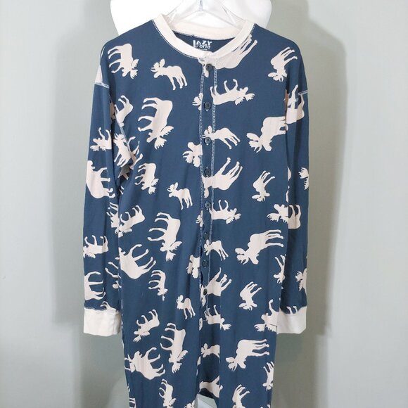 Lazy One XL Don't Moose With Me Blue & White 1 Pc Pajama with Trap Door Flapjack - Picture 3 of 13